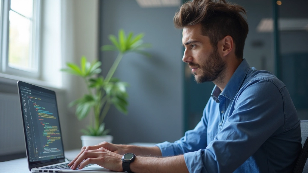 Профессиональный веб-разработчик работает над HTML и CSS кодом на компьютере в современном офисе